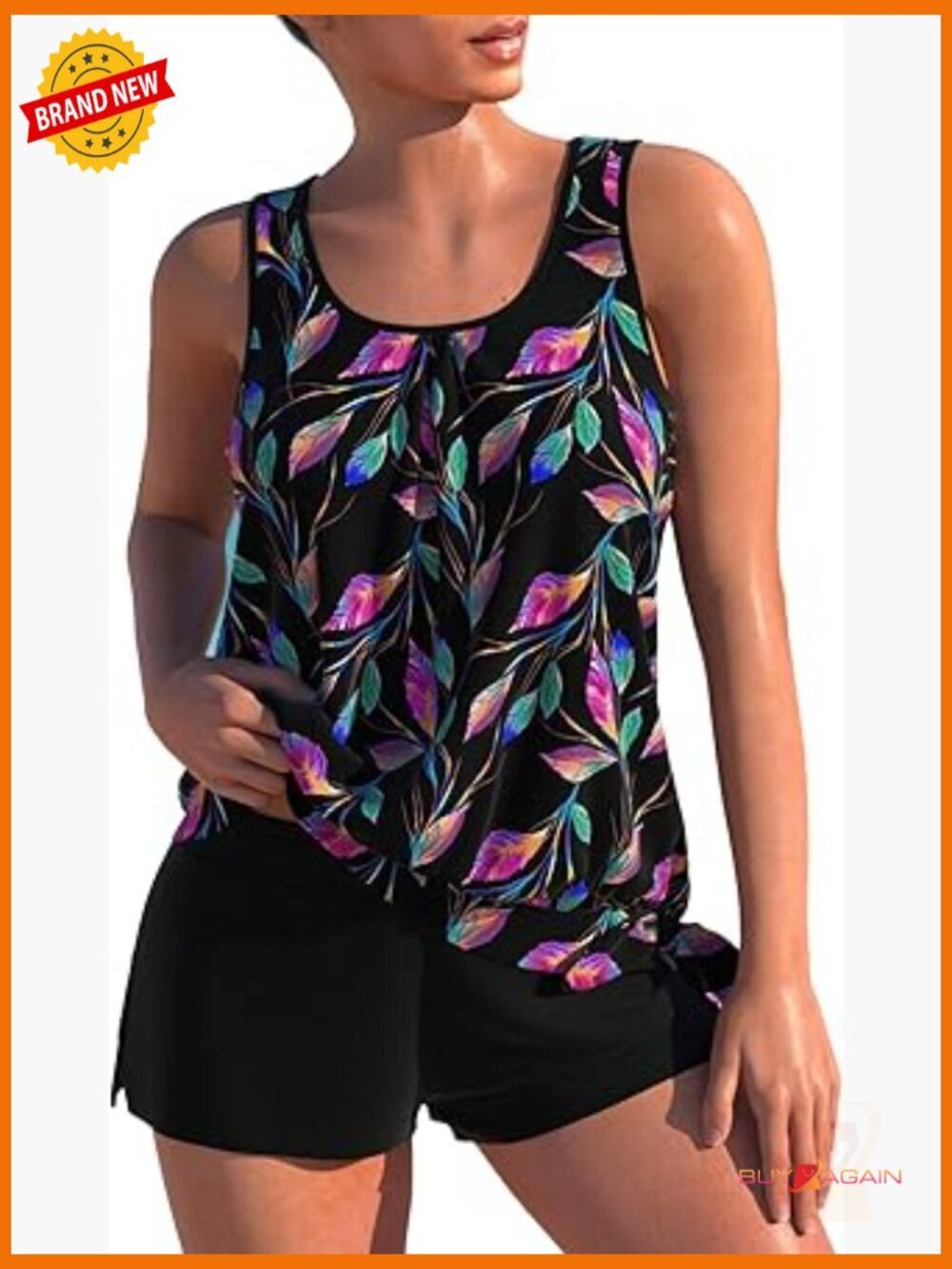 Two Piece Tankini Set with Board Shorts, Leaf Print Swimwear Size M